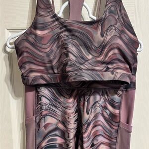 Fabletics Women's Swirled Purple and Gray sports bra & matching leggings